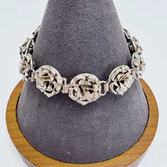 Antique 800 Silver Solid Rose Link Flower Victorian Design Bracelet 7